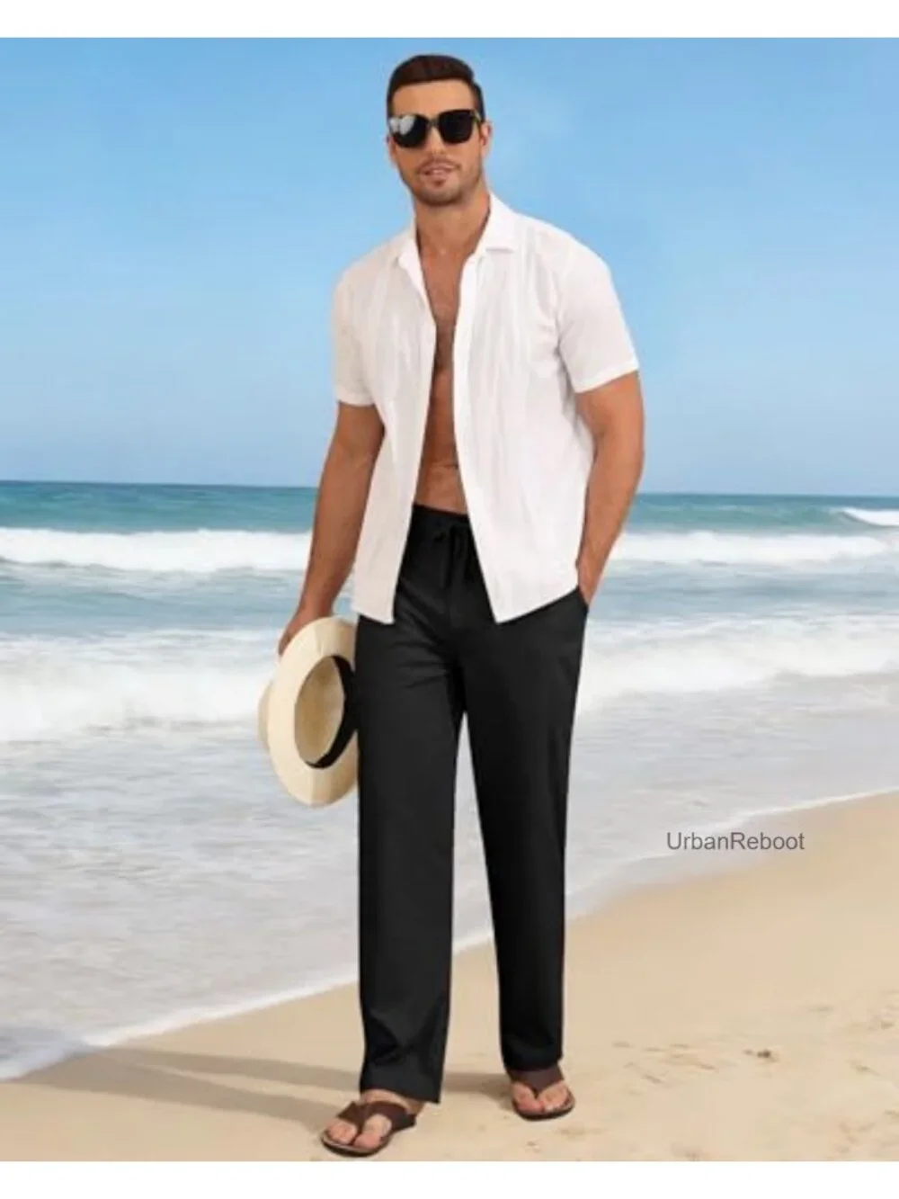 Mens Casual Linen Pants Relaxed Straight Fit Lightweight Beach Trousers